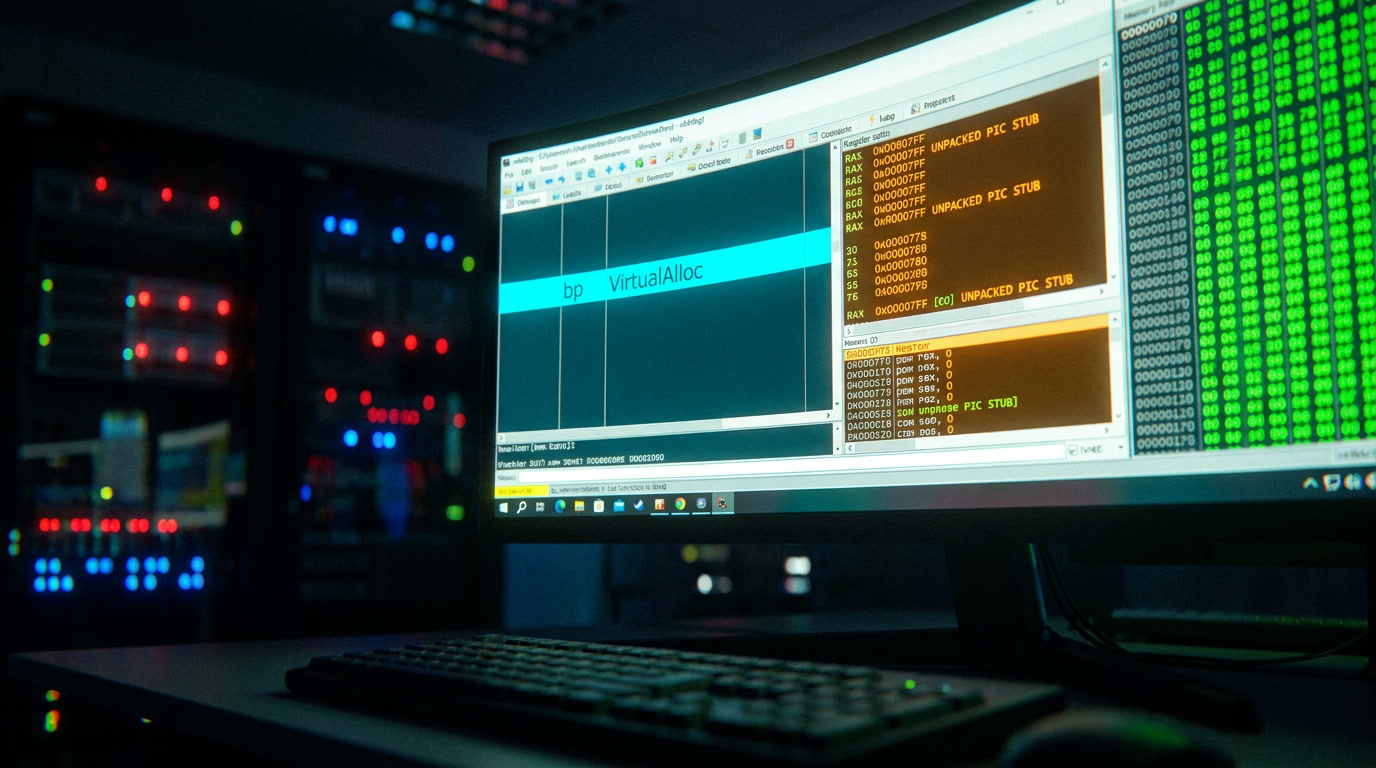 Отладка шелл-кода в x64dbg: загрузка PIC-стаба, точка останова на VirtualAlloc и распаковка в памяти