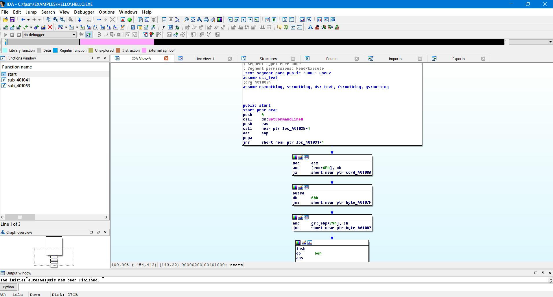 Программа hello.exe в IDA Free